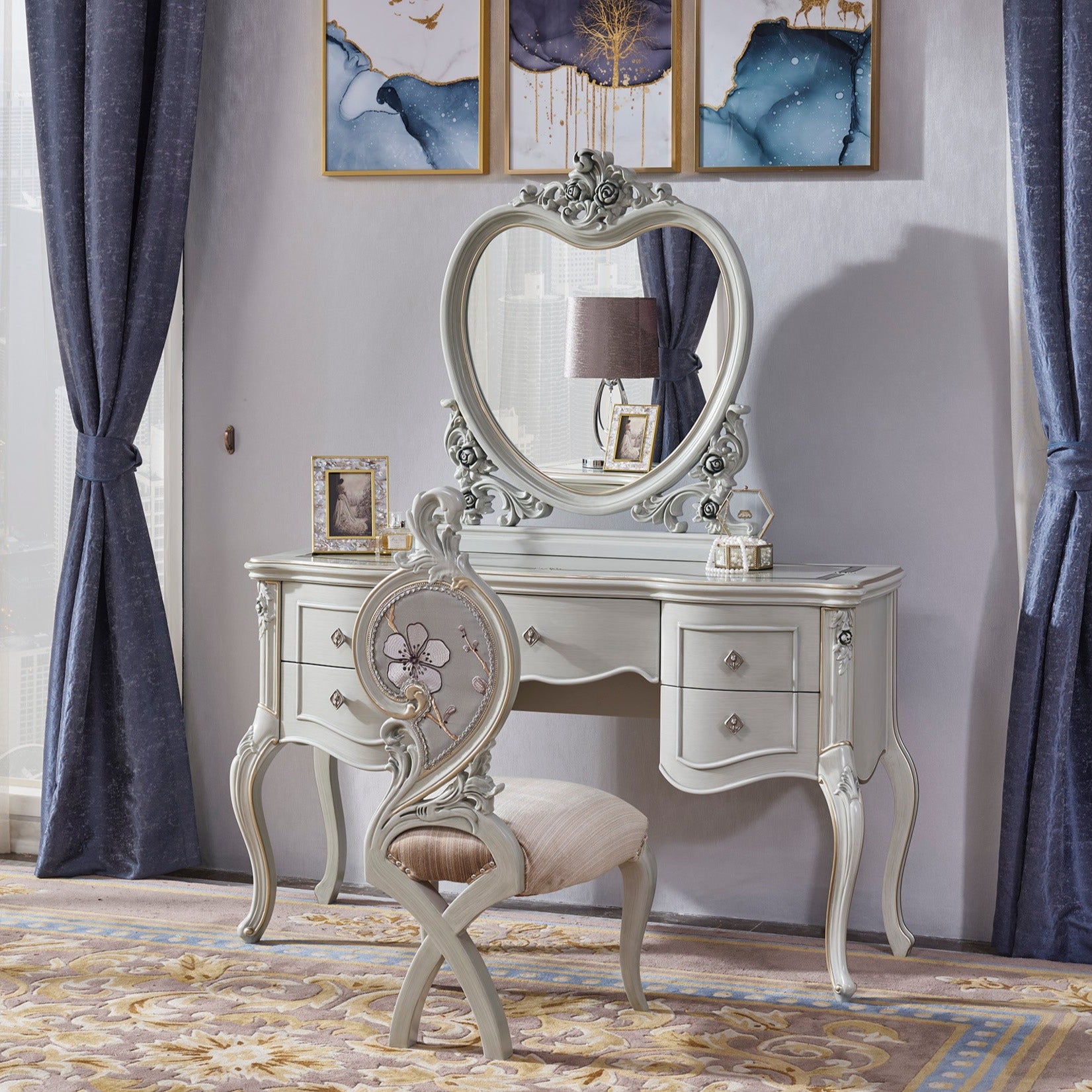 french grey dressing table Chateau De Versailles Vanity Table Set French Blue and Antique White